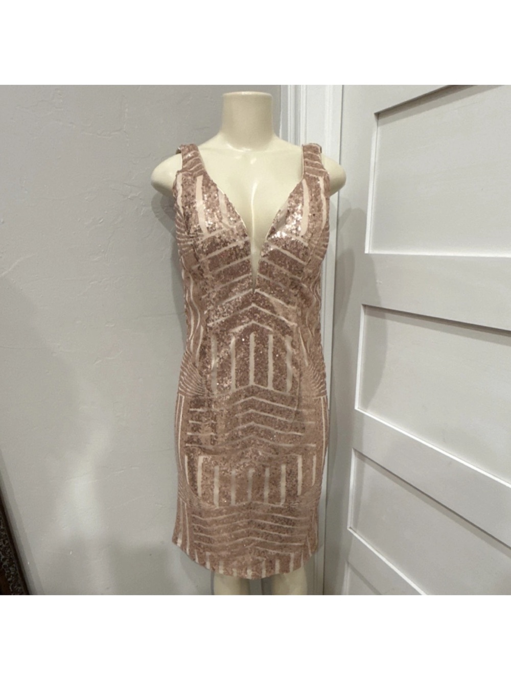 Sequin Plunge Mini Dress in Blush Pink